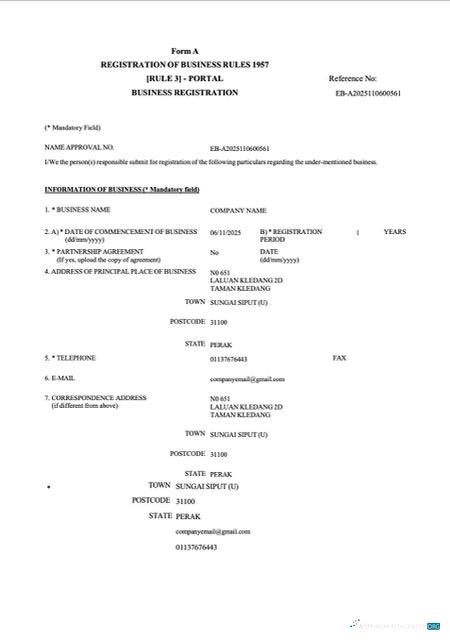 Malaysia business registration certificate Word and PDF template, version 2